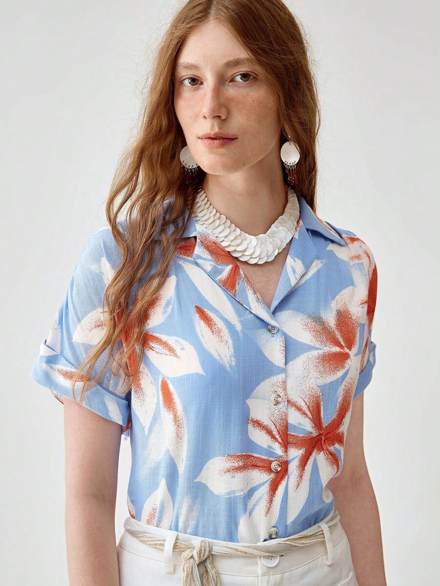 SHEIN Unity Damen Urlaubs Lässig Boho Muster Bluse - Blau - Übersicht 1