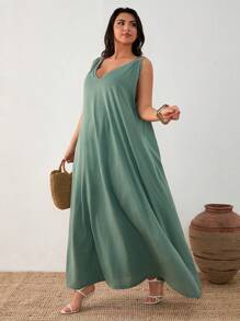 Vestido largo holgado y casual de talla grande para mujer con solido anillo circular para el verano