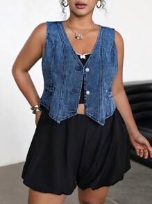SHEIN ICON Plus Size Denim Sleeveless Vest, Casual Fitted Style, Blue,Back To School - Medium Wash - View 5