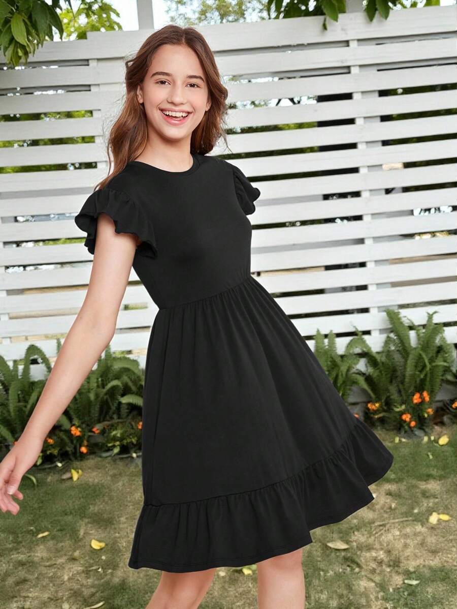 SHEIN Teen Girls Ruffle Trim Flounce Hem Dress - Black - View 1