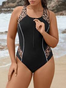 Swim SPRTY Plus Size Women Solid Color Round Neck Long Sleeve One-Piece Triangle Swimsuit, Modest & Casual For Vacation - Black - View 3