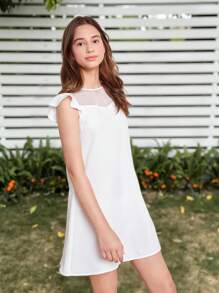 SHEIN Leap Crew Chicas adolescentes Vestido túnico de malla ribete con fruncido - Blanco - Ver 1