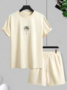 Manfinity Chillmode 男士休闲度假椰子树印花T恤和短裤套装 - 杏色 - 查看 2