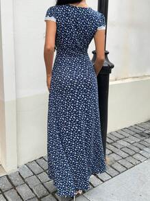 Sunnyshic 蓝色碎花拼布蕾丝 V 领高腰喇叭形长裙，优雅可爱日常休闲度假海滩派对鸡尾酒下午茶百搭女士夏季