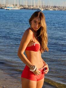 Aralina Bộ bikini cạp cao màu đỏ viền nơ tương phản Picot Trim ngày 4 tháng 7 kèm túi đựng đồ bơi cho kỳ nghỉ ngày 4 tháng 7, hoàn hảo cho trang phục đi biển và trang phục mùa hè - Đỏ - Xem 8