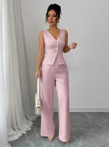 Selianne Women Elegant Sleeveless Top And Pants Set, Business Commute Old Money Style, Suitable For Summer Holiday And Date - Pink - View 3