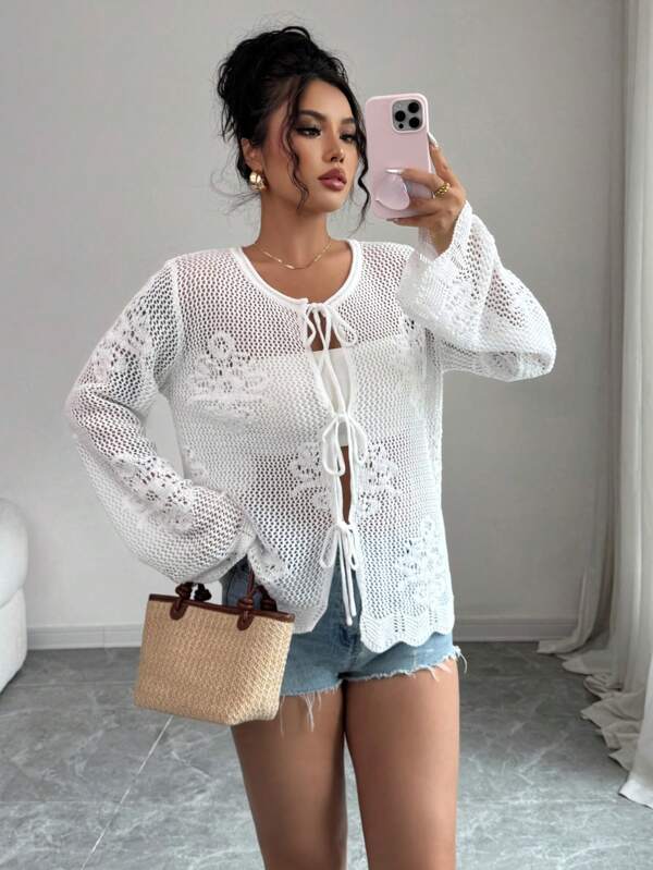 Elenzga Cardigan croșetat cu mânecă lungă, stil vacanță, casual, cu șireturi, stil croșetat, stil vacanță, pentru femei