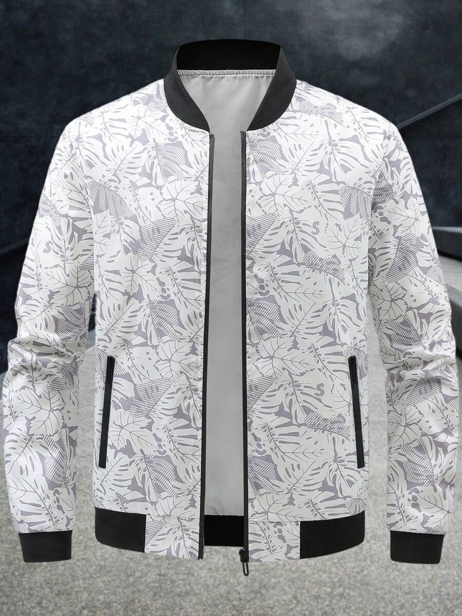 Manfinity Homme Men's Long Sleeve Vacation Tropical Plant Print Zip-Up Rave Bomber Jacket, Fall - Multicolor - View 1