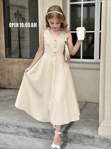 SHEIN Tween Girls Casual Commuter Butterfly Knot Decor Sleeveless A-Line Maxi Dress