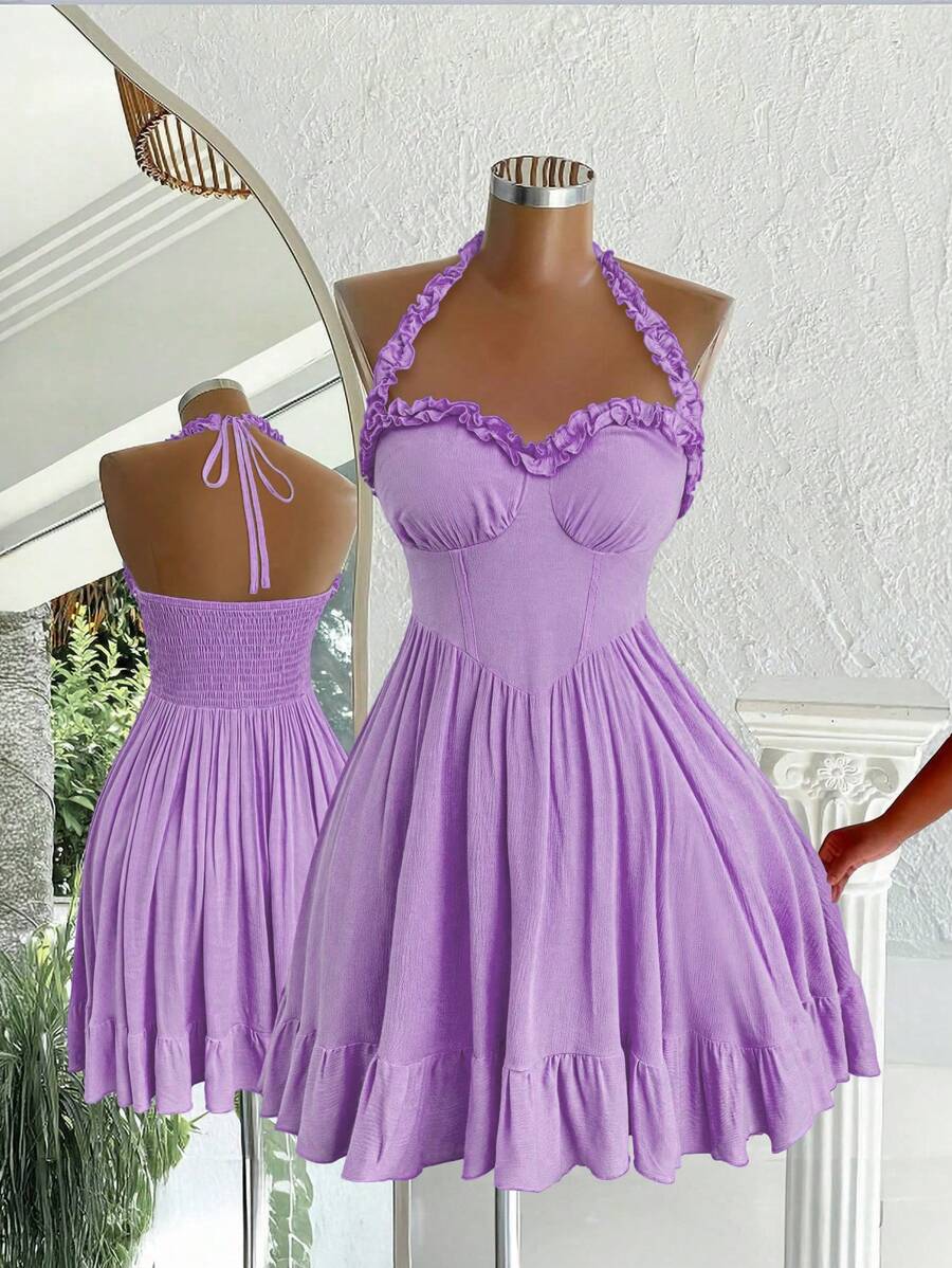 Flirla 夏季新款优雅度假法式甜美公主风荷叶边系带露背无袖A字收腰连衣裙 - 淺灰紫 - 查看 1