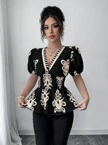 Chiquease 女式 V 领荷叶边抽绳腰短袖衬衫，休闲优雅印花衬衫，适合日常、工作、波西米亚风、音乐节、春夏季