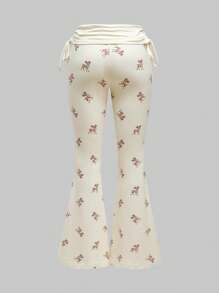 ROMWE J-Fashion Conjunto de blusa bordada con encaje con estampado de ciervos y pantalones acampanados con estampado de ciervos