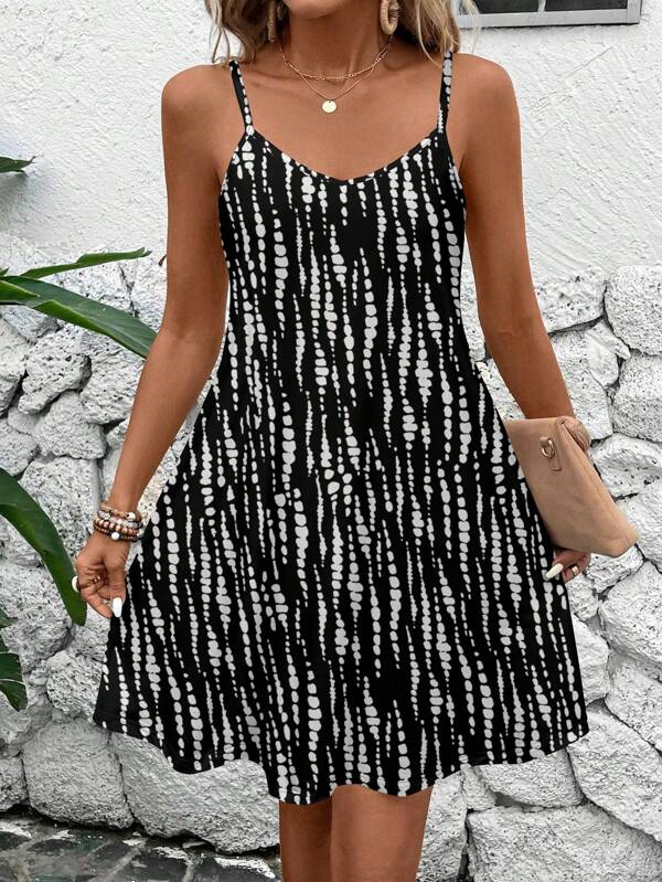 SHEIN LUNE Rochie mini casual cu buline, model geometric, pentru femei, cu bretele tip spaghete, potrivită pentru vară