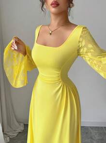 Elenzga 优雅复古风格法式香草色长袖方领修身黄色连衣裙，适合女士，优雅教师装，秋季