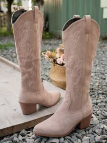 Styleloop Giày bốt cao gót kiểu phương Tây màu trơn, thường ngày đa năng, cổ điển, phong cách BOHO, phong cách Mỹ, Bohemian, lễ hội âm nhạc phương Tây, tiệc tùng, giáng sinh, trang phục Halloween - Màu Khaki - Xem 5