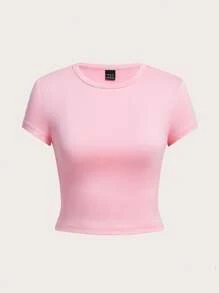 SHEIN EZwear 4 件套黑色、绿色、粉色、灰色休闲圆领短袖紧身女士 T 恤，适合夏季 - 彩色 - 查看 6