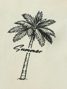 Manfinity Chillmode 男士休闲度假椰子树印花T恤和短裤套装 - 杏色 - 查看 3