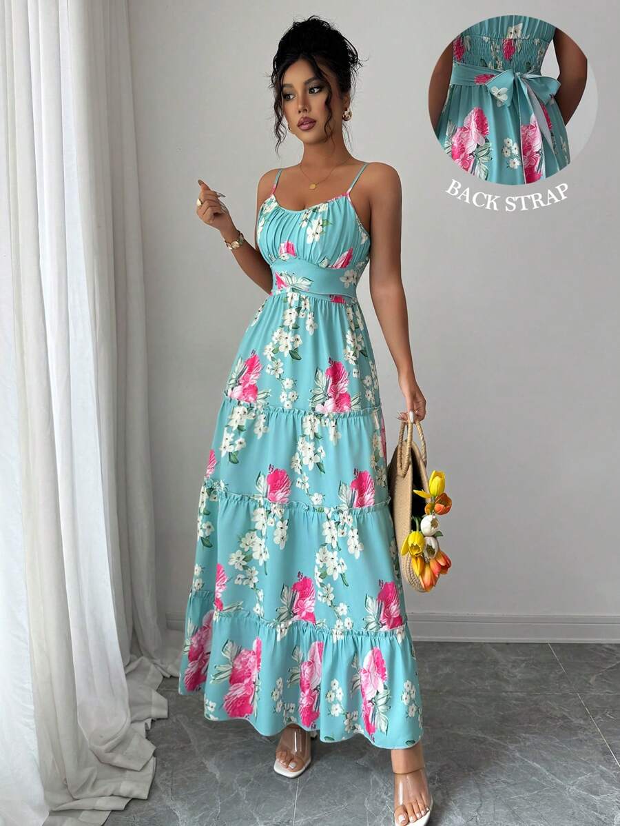 Selianne 波西米亚风无袖系腰印花中长连衣裙，适合女士、节日和夏季穿着 - 綠色 - 查看 1