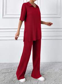 Cotton Two Pieces Set Polo Neck Top And Pant Set Rib Knit Fabric - Red - View 4