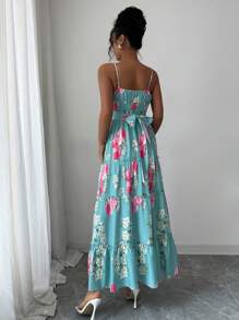 Selianne 波西米亚风无袖系腰印花中长连衣裙，适合女士、节日和夏季穿着 - 綠色 - 查看 2