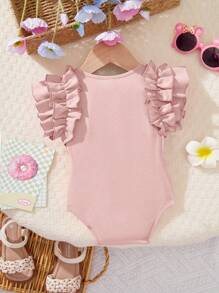 SHEIN 新生女宝宝可爱荷叶边粉色休闲连体衣，适合夏季穿着