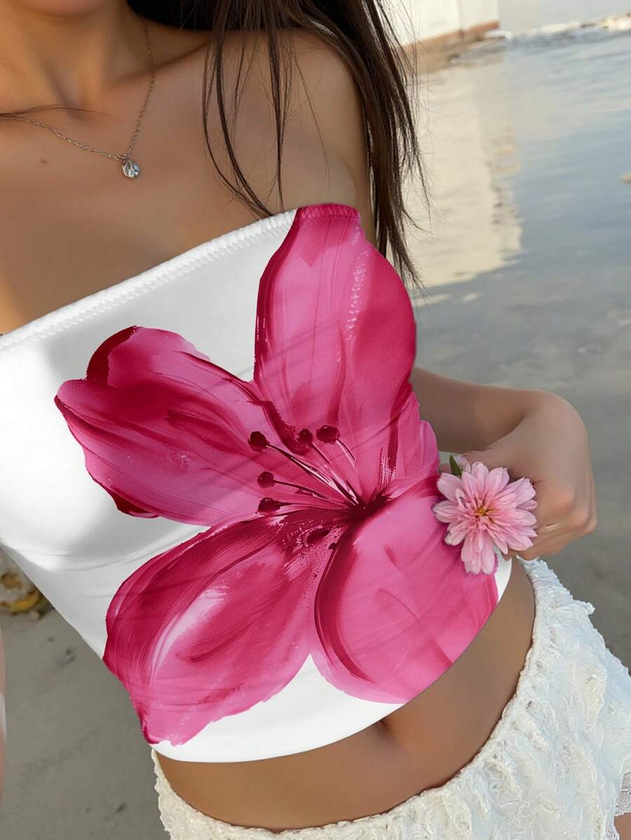 Aloruh Top tubo casual de verano con estampado floral para mujer, top crop ajustado apropiado para festivales de música tropical, estampado hawaiano, adecuado para vacaciones