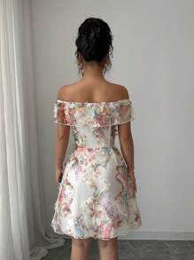 Elenzga Đầm trễ vai họa tiết hoa thanh lịch cho nữ, thiết kế thanh lịch, thắt eo, thời trang và phù hợp cho các buổi tụ họp hàng ngày, tiệc tùng, mùa xuân/hè - Nhiều màu - Xem 2