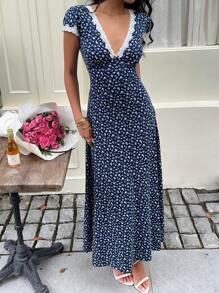 Sunnyshic 蓝色碎花拼布蕾丝 V 领高腰喇叭形长裙，优雅可爱日常休闲度假海滩派对鸡尾酒下午茶百搭女士夏季