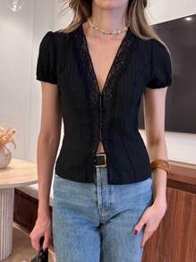 Pariaura French Lace V-Neck Button Ruched Women Blouse Black Blouses Tops For Women Elegant Black Lace Top