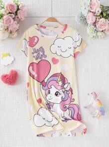 Back To School FashionGirl Toddler Cute Unicorn & Cloud Love Pattern Fashionable, Cozy Round Neck Short Sleeve Long Nightgown Loungewear Girls Unicorn Clothes Children Girl Clothes