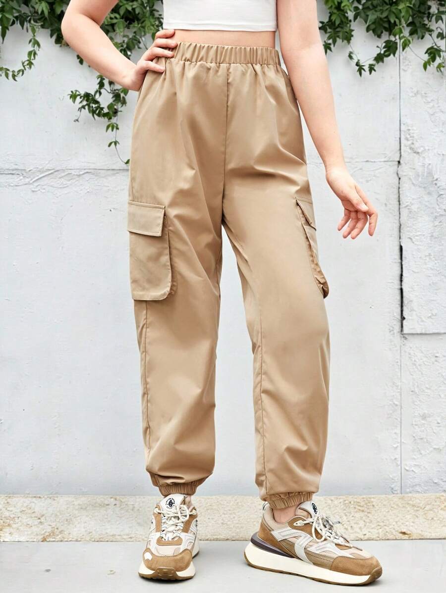 SHEIN Leap Crew 青少年女孩休闲纯色高腰工装裤，适合春、夏、秋季