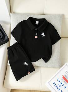 SHEIN 2 件套婴儿休闲宽松插肩袖圆领毛衣上衣和针织短裤两件套服装，适合春夏季室内外穿着 - 黑色 - 查看 3