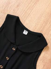 SHEIN Elladie kids 年轻女孩杏色翻领纽扣连体裤，带有褶边细节，适合日常通勤和休闲穿着 - 黑色 - 查看 3