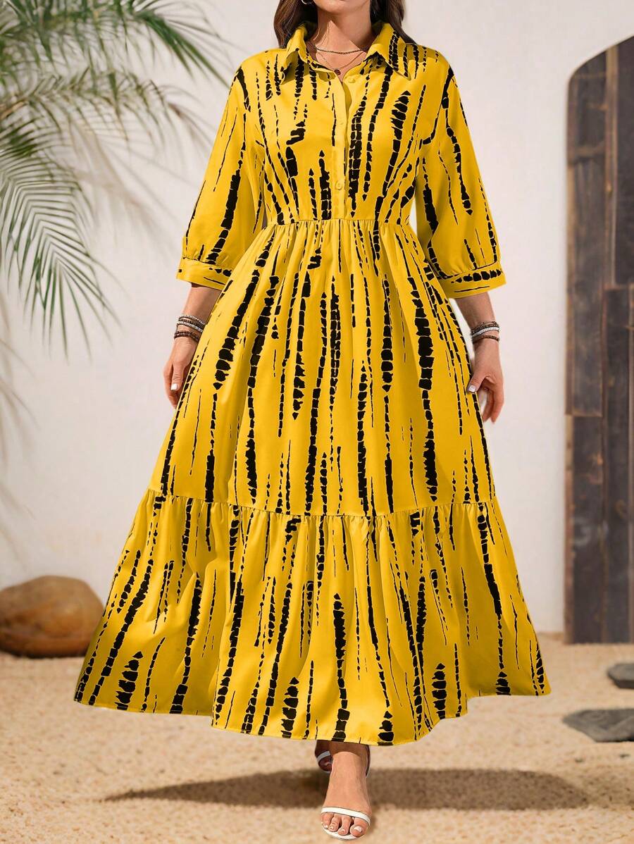 SHEIN LUNE 大码女式 V 领纽扣式 3/4 袖宽松褶皱长裙，蓝白竖条纹印花，百搭优雅，适合度假、海滩、通勤、旅行等场合 - 黃色 - 查看 1
