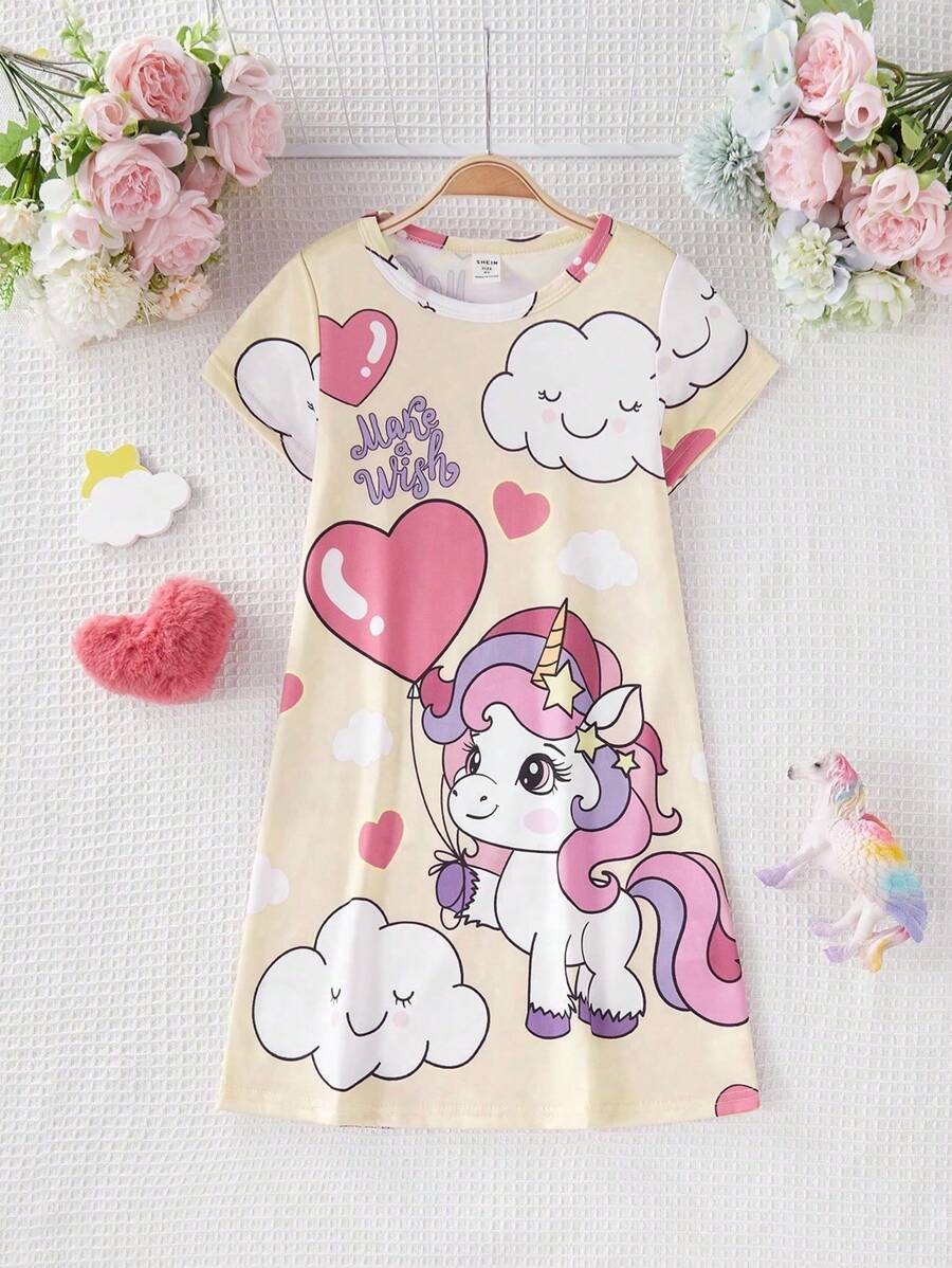 Back To School FashionGirl Toddler Cute Unicorn & Cloud Love Pattern Fashionable, Cozy Round Neck Short Sleeve Long Nightgown Loungewear Girls Unicorn Clothes Children Girl Clothes