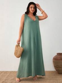 Vestido largo holgado y casual de talla grande para mujer con solido anillo circular para el verano