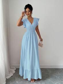 Elenzga 女士纯色荷叶边下摆长款度假海滩装连衣裙 - 淺藍色 - 查看 5