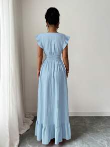 Elenzga 女士纯色荷叶边下摆长款度假海滩装连衣裙 - 淺藍色 - 查看 2