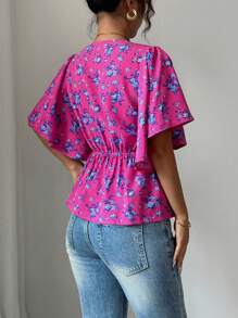 Elenzga Damen elegante Bluse mit floralem Muster, V-Ausschnitt, Rüschenabschluss am Saum und Taille, geeignet für den Arbeitsweg, Lässig, Reisen, Nachmittagstee, Frühling/Sommer - Kastanienbraun - Übersicht 2