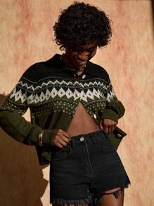 Bóhologie Nordic-Inspired Button-Up Cardigan In Deep Green With Black Contrast Yoke And Ribbed Hems - Green - View 6