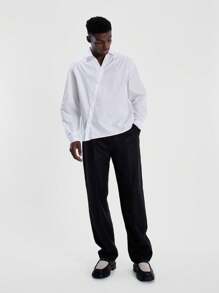 Musero Men Asymmetric Oversized Woven Button Up Tailored Long Sleeve Shirt Tailoring Spring&Summer - White - View 4