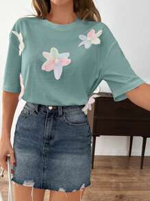 SHEIN Maglietta a maniche corte con applicazioni floreali, maglietta grafica stagionale estiva da donna
