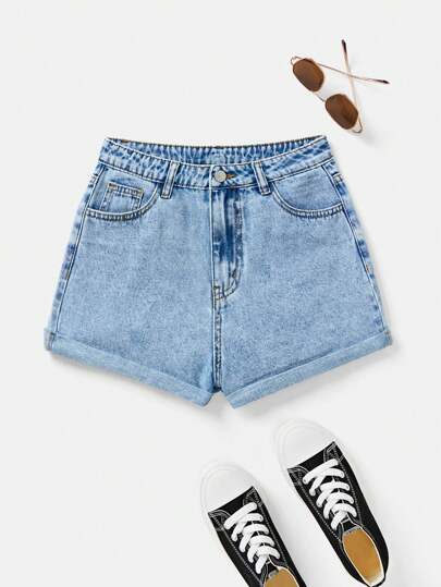 SHEIN Pantaloni scurți casual cu manșete din denim uzat pentru adolescente, vară