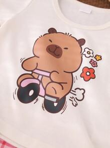 Young Girl Cute Cartoon Bear & Plaid Pattern Short Sleeve T-Shirt And Pants Set, Casual Home/Sleepwear Outfit - Multicolor - View 5
