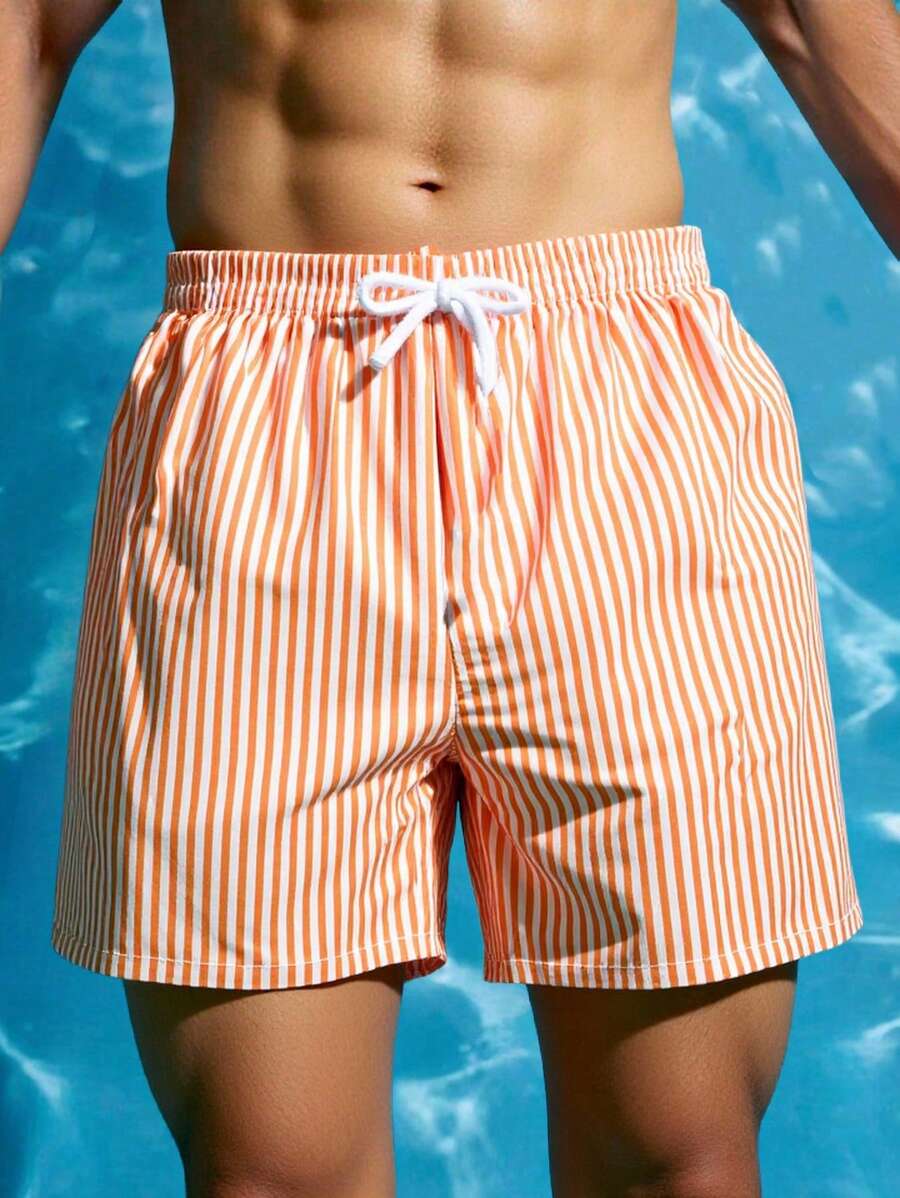 SHEIN Striped Beach Shorts, Essential For Beach, Pool Party And Summer Days Summer Holiday - Orange - View 1