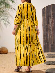 SHEIN LUNE 大码女式 V 领纽扣式 3/4 袖宽松褶皱长裙，蓝白竖条纹印花，百搭优雅，适合度假、海滩、通勤、旅行等场合 - 黃色 - 查看 4