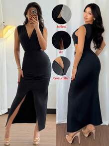 Chiquease Sexy, Romantic, Fashion, Elegant Party & Date Wear, Women Deep V-Neck, Sleeveless, Waist Hollow, Hem Front Knot, Split Bodycon Stretch Knit Midi Dress, Black, Spring/Summer - Black - View 1