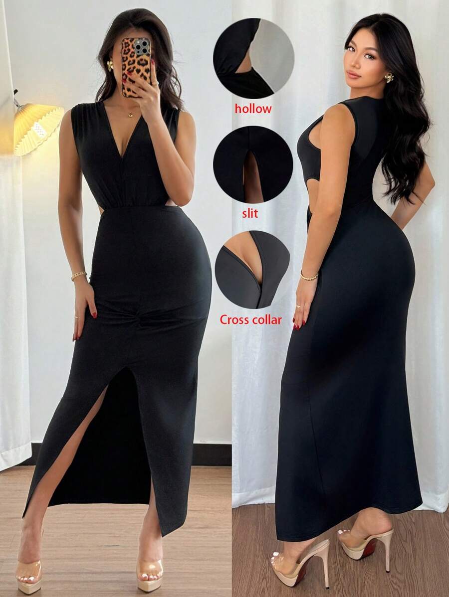 Chiquease Sexy, Romantic, Fashion, Elegant Party & Date Wear, Women Deep V-Neck, Sleeveless, Waist Hollow, Hem Front Knot, Split Bodycon Stretch Knit Midi Dress, Black, Spring/Summer - Black - View 1