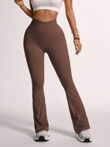 Easithlete Women's Seamless Asymmetric Waist Flare Sports Pants, Solid Color,Women's Tight-Fitting Dancing Flared Yoga Sports Pants,High Waist Flare Yoga Pants, Butt Lifting, Stretchy, Loose Flare Leg Sports Pants, Machine Washable, For Women - Brown - View 4