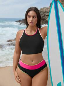 Swim SPRTY Bộ đồ bơi bikini cổ tròn màu trơn cỡ lớn cho nữ, đồ bơi đi biển ngày lễ thường ngày - màu đen - Xem 1